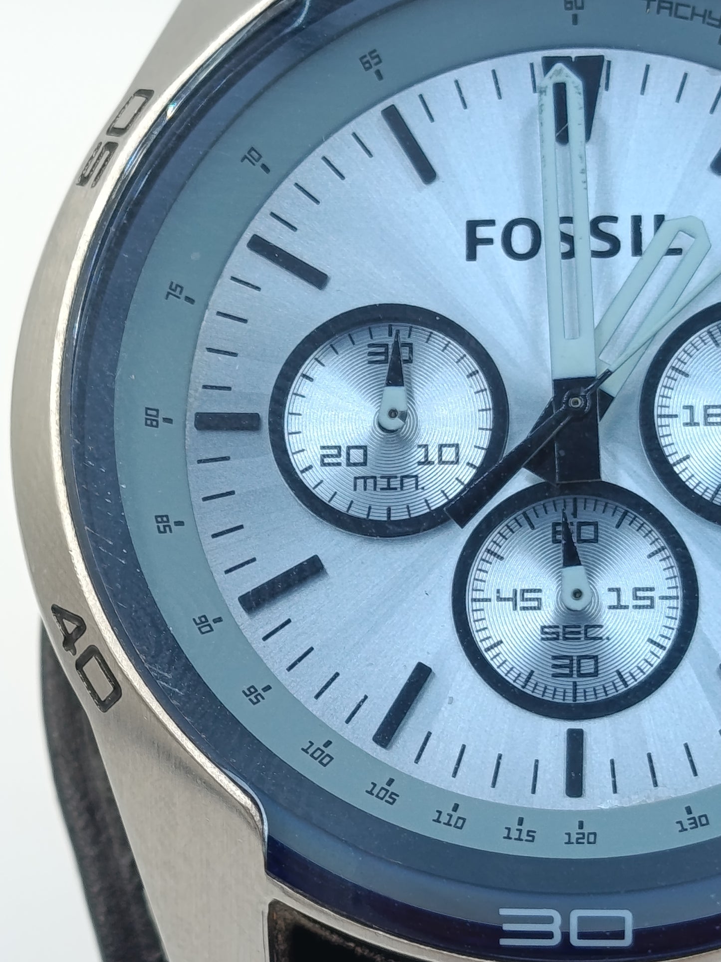 Fossil Chronograph Herren Uhr blau silber Lederarmband Tachymeter