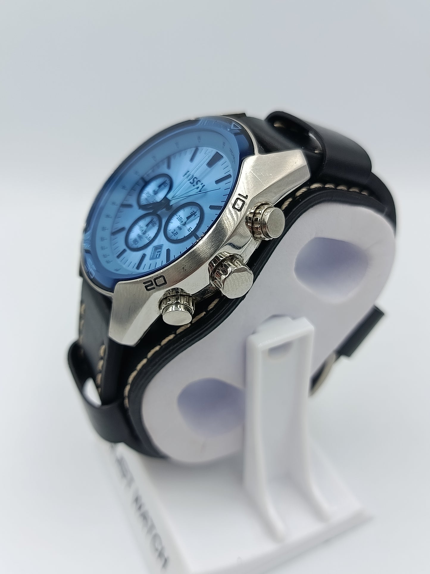 Fossil Chronograph Herren Uhr blau silber Lederarmband Tachymeter