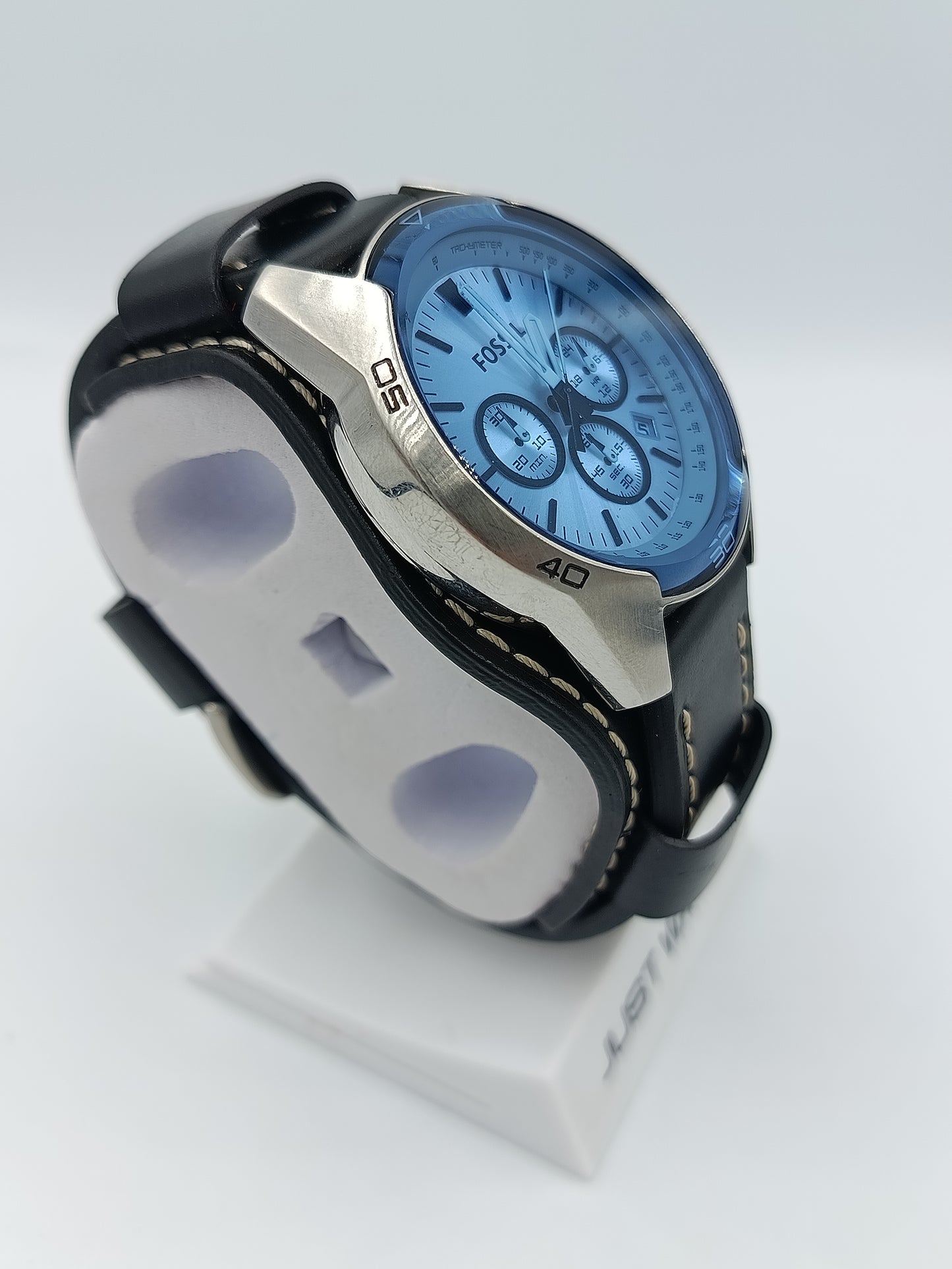 Fossil Chronograph Herren Uhr blau silber Lederarmband Tachymeter