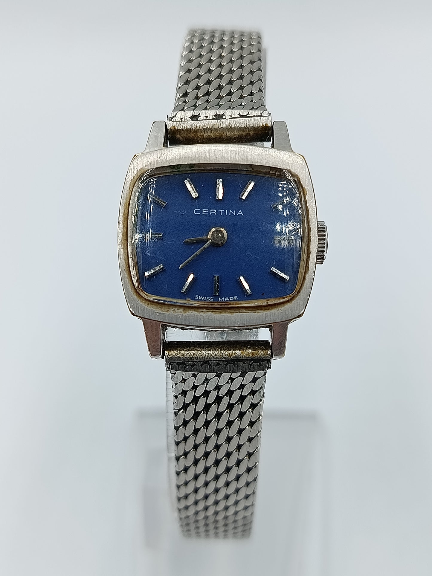 Damen Uhr Silberfarben mit blauem Zifferblatt Vintage Stil