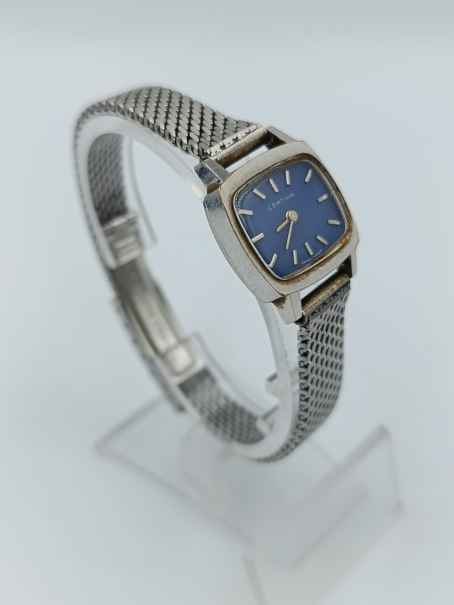 Damen Uhr Silberfarben mit blauem Zifferblatt Vintage Stil