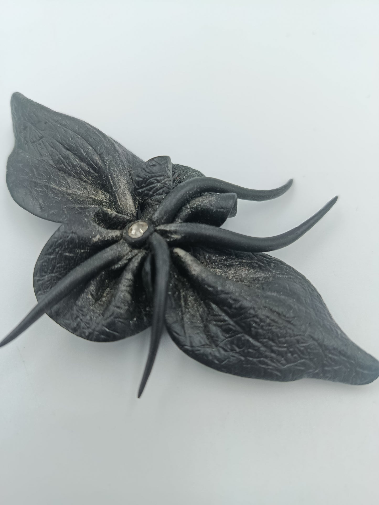 Vintage Brosche Blume schwarz matt mit Strassstein 11 cm
