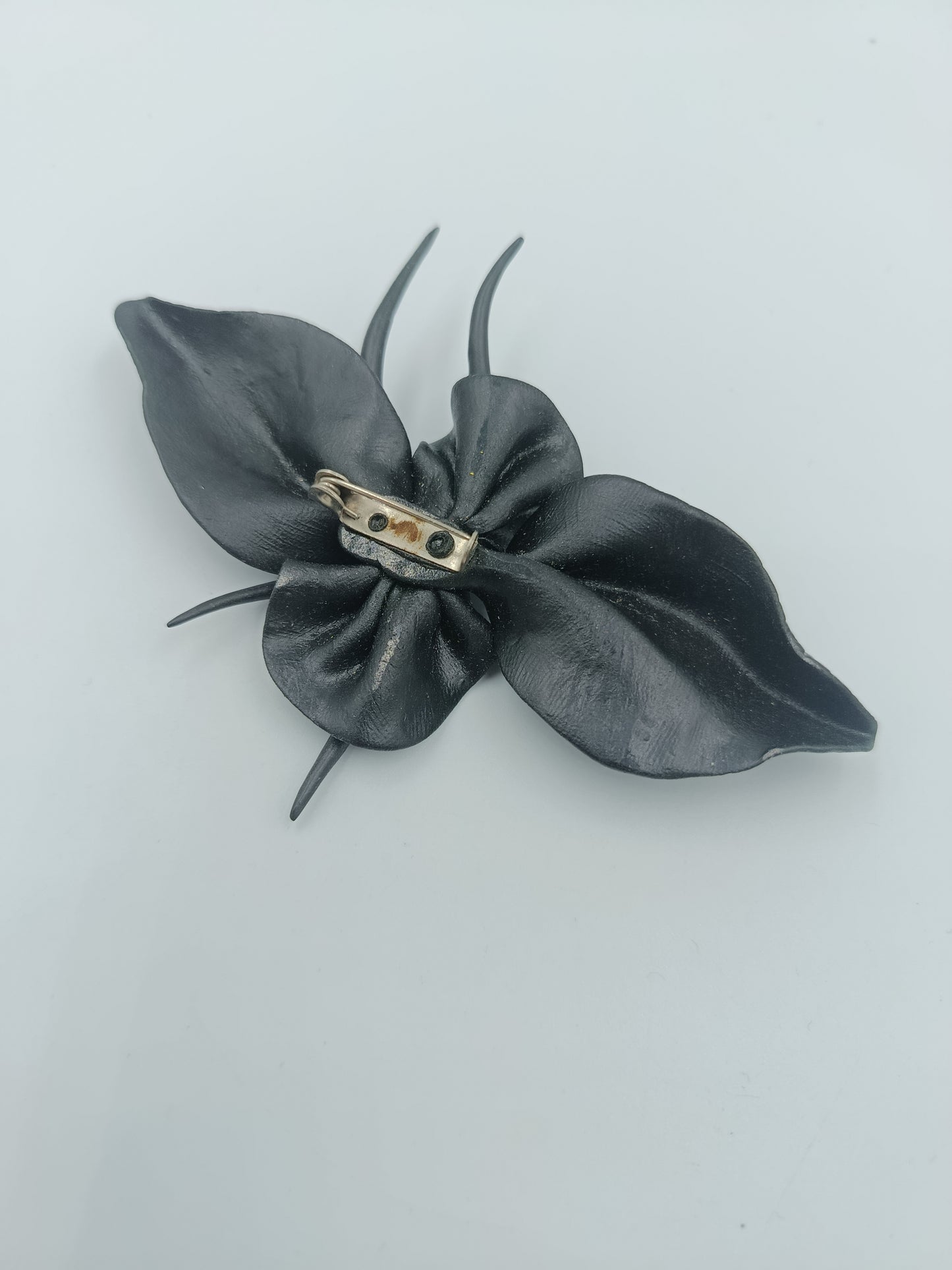 Vintage Brosche Blume schwarz matt mit Strassstein 11 cm