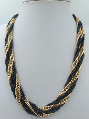 Vintage Statement Kette Schwarz Gold Mehrreihig Geflochten 85 cm