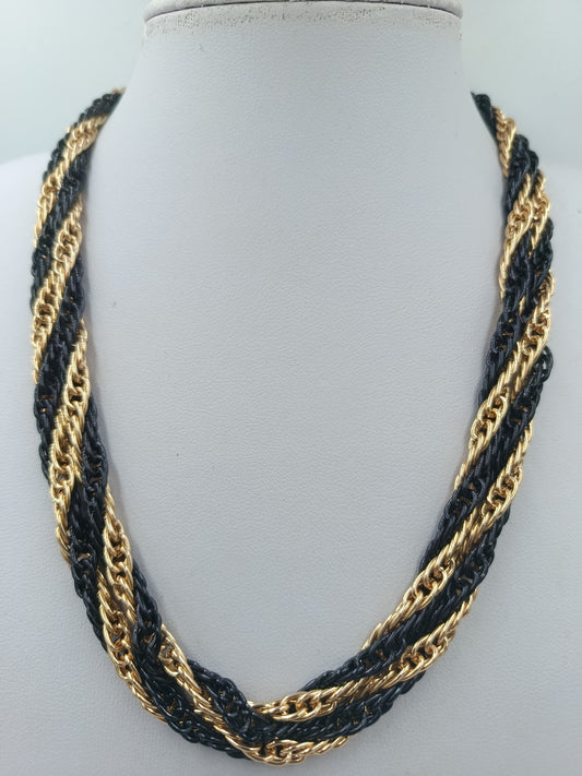 Vintage Statement Kette Schwarz Gold Mehrreihig Geflochten 85 cm