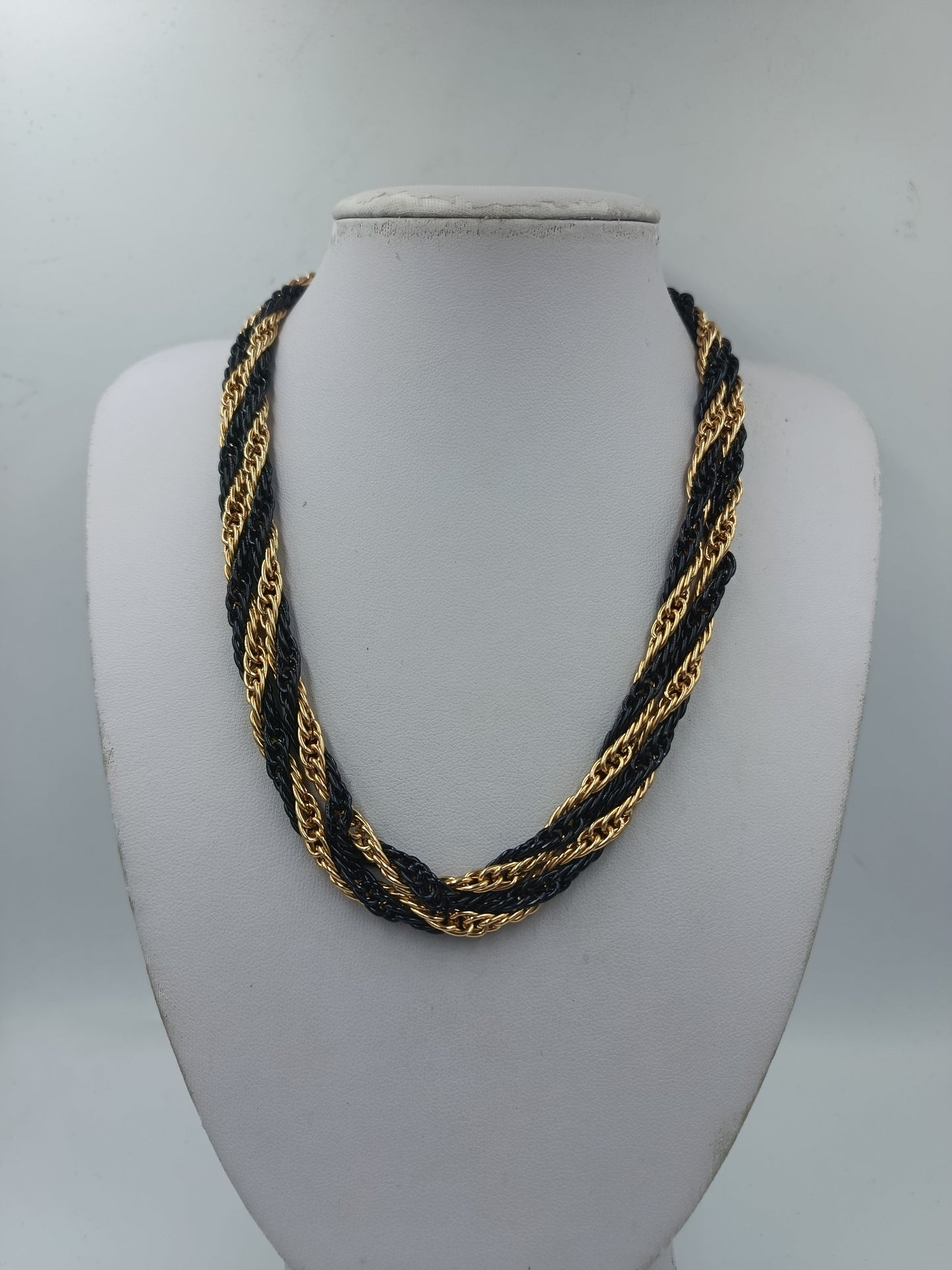 Vintage Statement Kette Schwarz Gold Mehrreihig Geflochten 85 cm