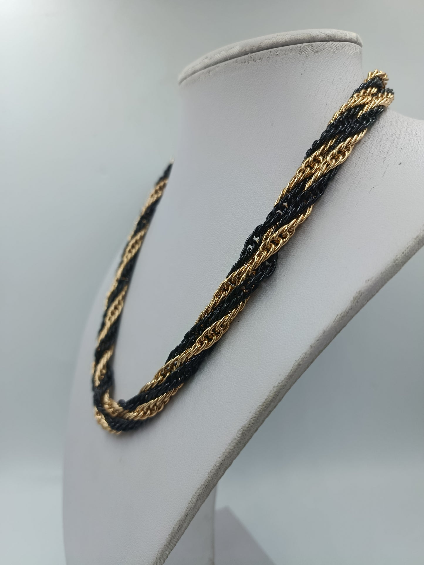Vintage Statement Kette Schwarz Gold Mehrreihig Geflochten 85 cm