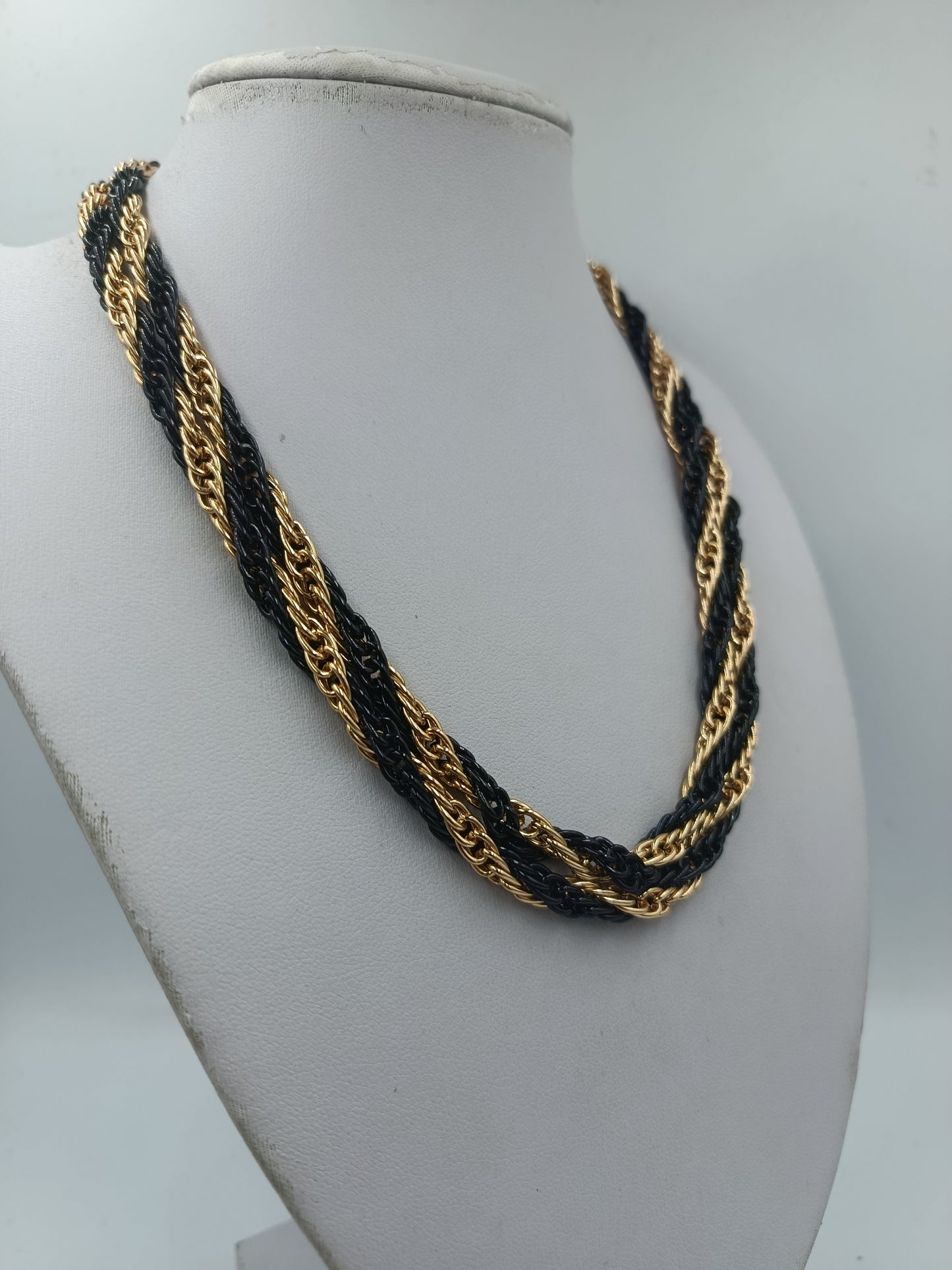 Vintage Statement Kette Schwarz Gold Mehrreihig Geflochten 85 cm