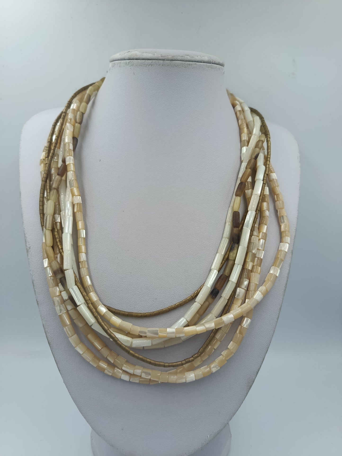 Vintage Multi Strang Kette Perlmutt Naturtöne Statement Collier