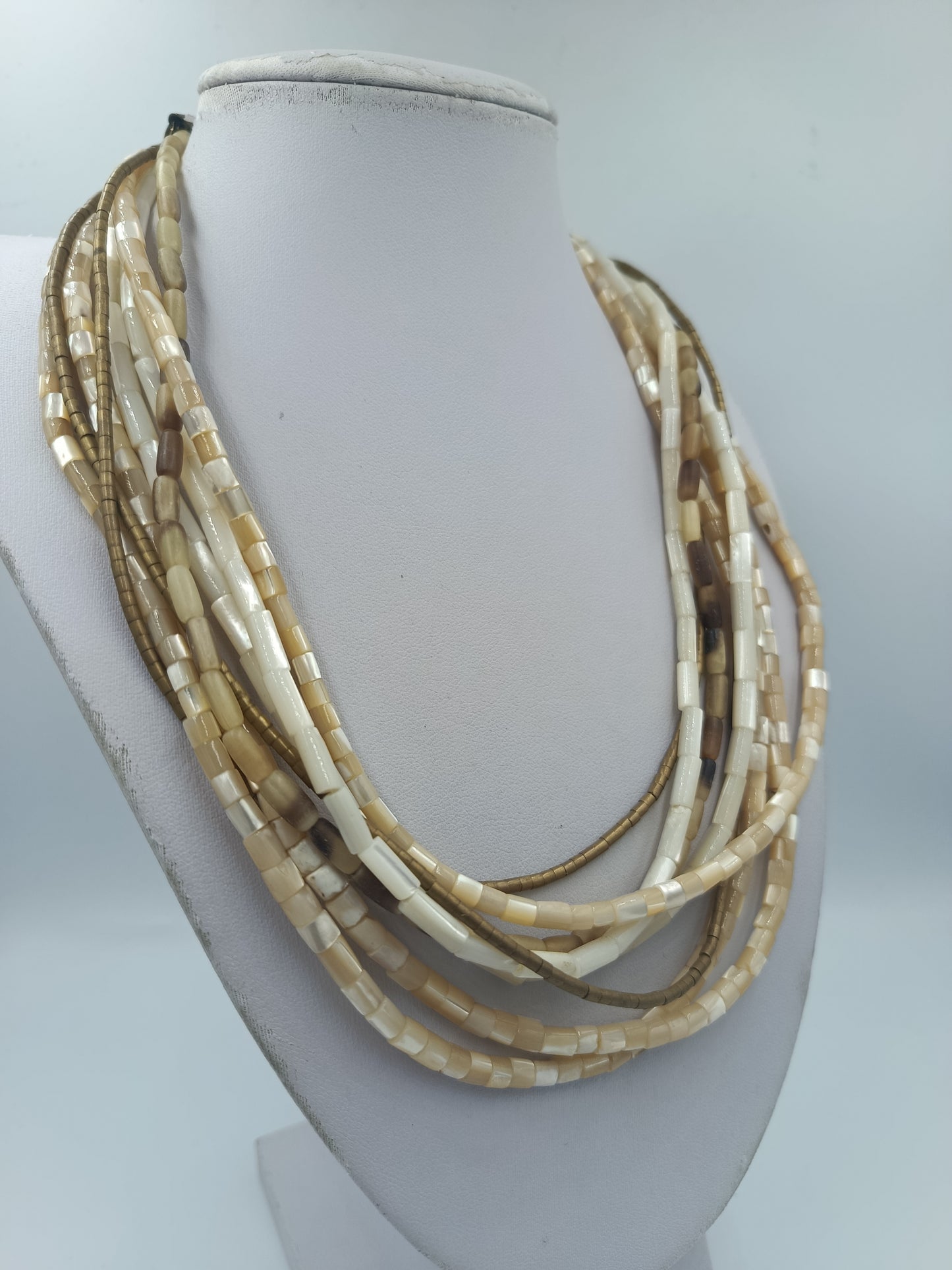 Vintage Multi Strang Kette Perlmutt Naturtöne Statement Collier