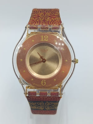 Swatch Armbanduhr Vintage Damen Uhr Transparent Stoffarmband Muste