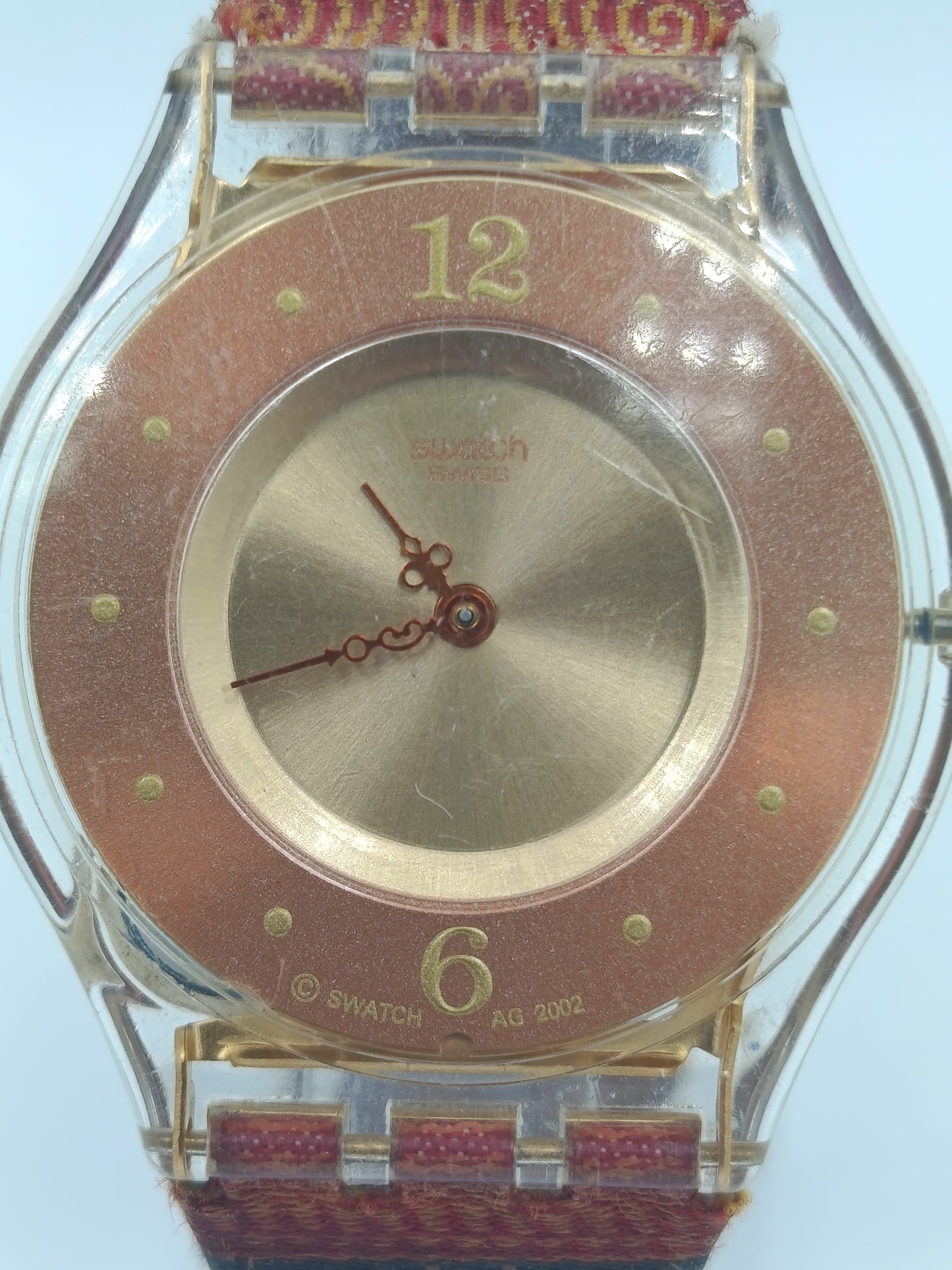 Swatch Armbanduhr Vintage Damen Uhr Transparent Stoffarmband Muste