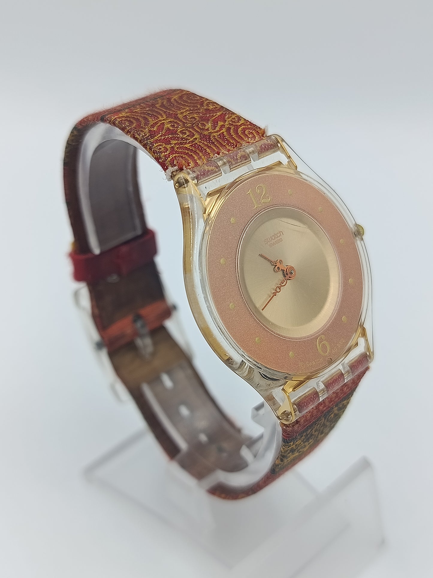 Swatch Armbanduhr Vintage Damen Uhr Transparent Stoffarmband Muste