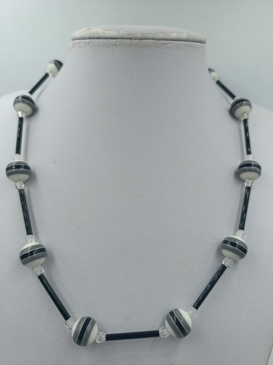 Vintage Kette schwarz weiß geometrisch 925 Silber Verschluss Retro Halskette
