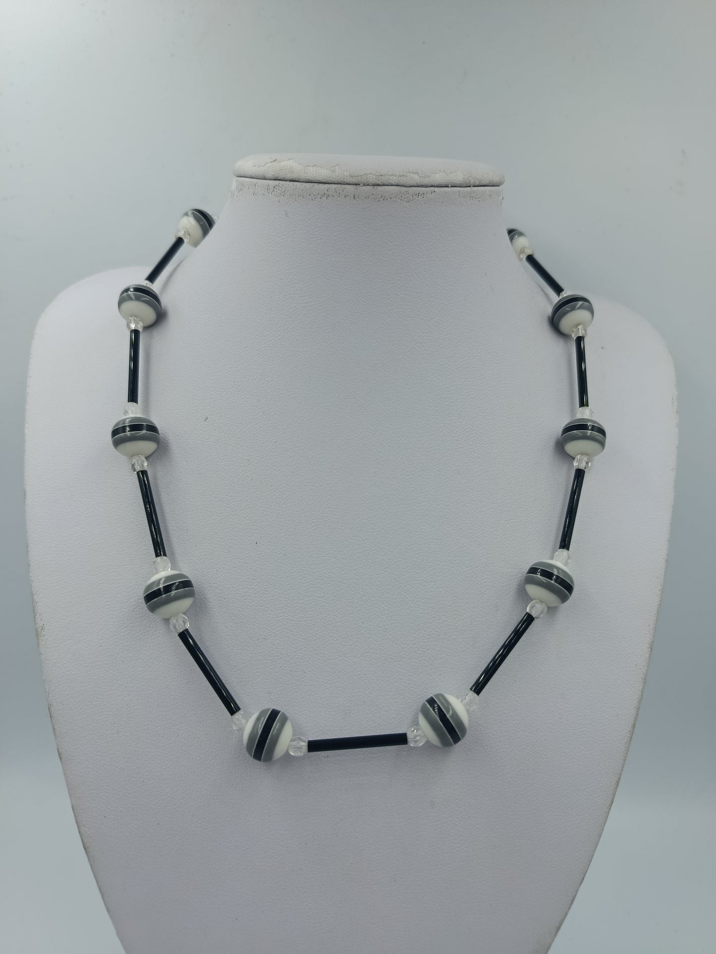Vintage Kette schwarz weiß geometrisch 925 Silber Verschluss Retro Halskette