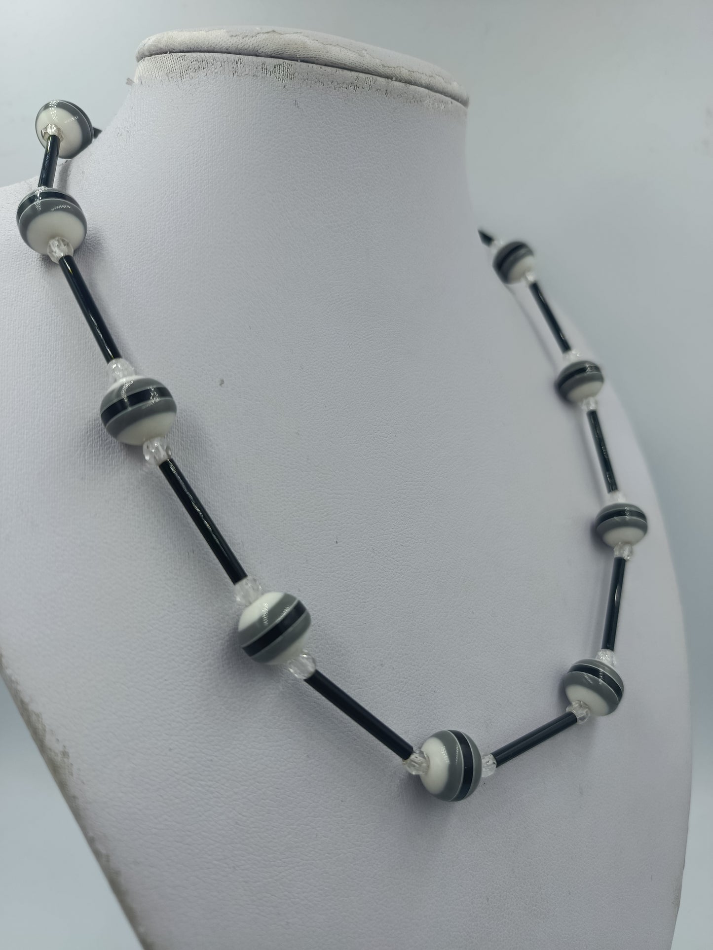 Vintage Kette schwarz weiß geometrisch 925 Silber Verschluss Retro Halskette