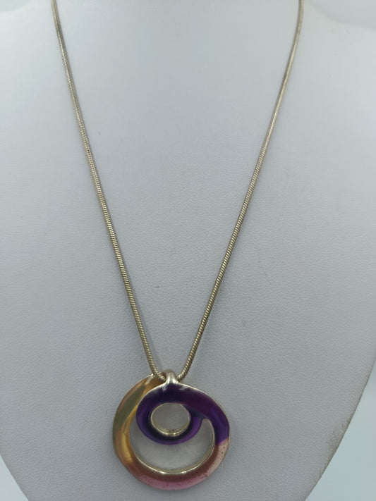 Vintage Kette mit Emaille Anhänger lila gold rosa 45 cm Retro Schmuck