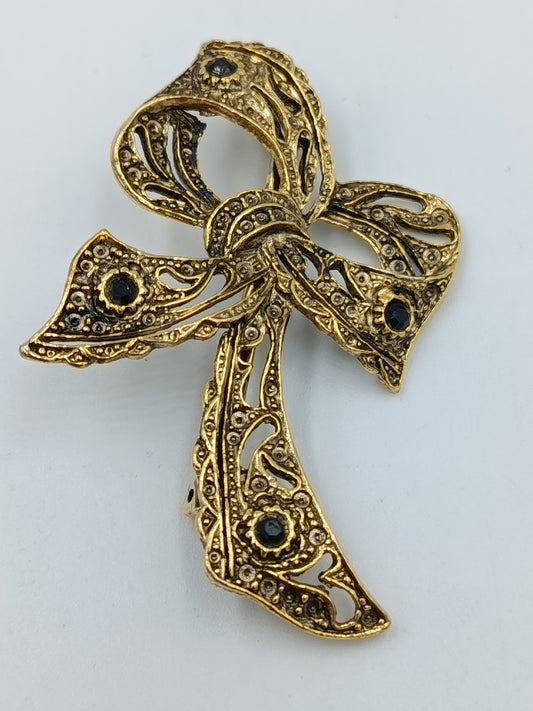 Vintage Brosche Schleife Goldfarben mit dunklen Steinen