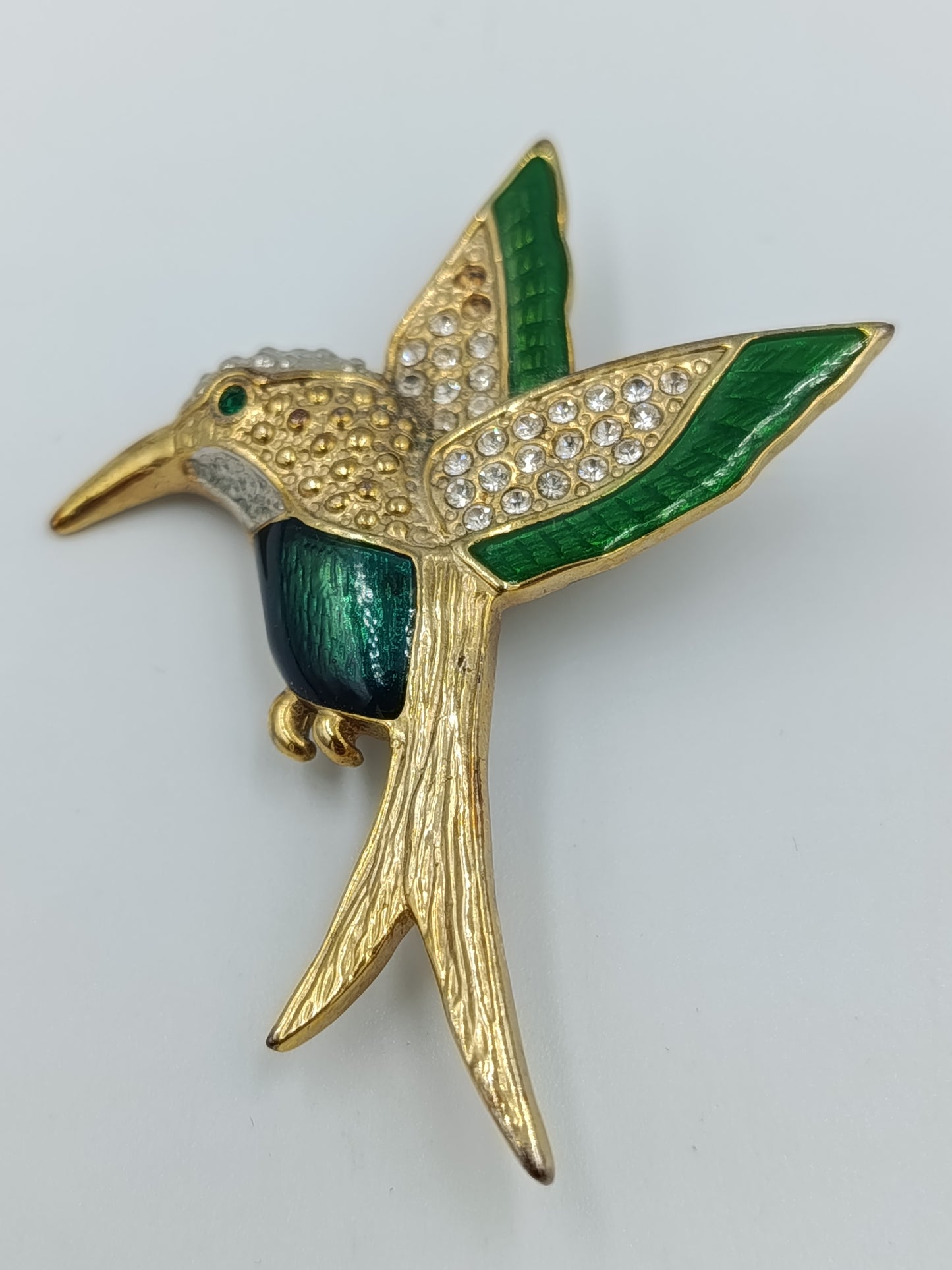 Vintage Brosche Kolibri Strass Emaille Grün Gold – Vogel Schmuck