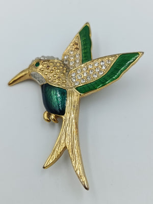 Vintage Brosche Kolibri Strass Emaille Grün Gold – Vogel Schmuck