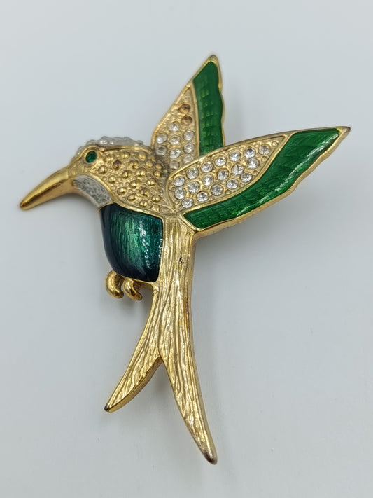 Vintage Brosche Kolibri Strass Emaille Grün Gold – Vogel Schmuck