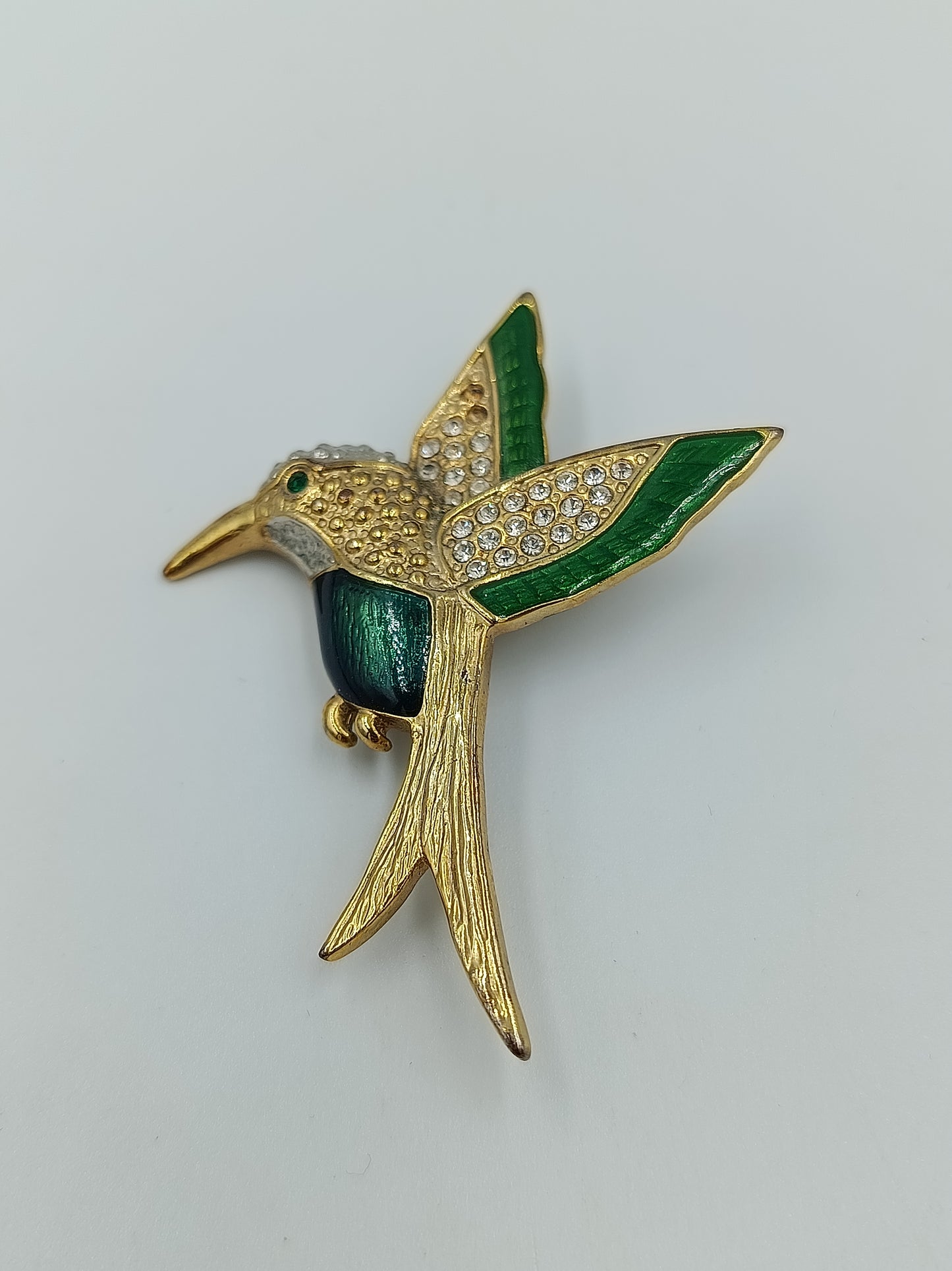 Vintage Brosche Kolibri Strass Emaille Grün Gold – Vogel Schmuck