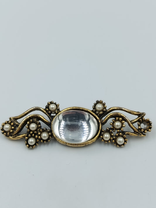 Vintage Brosche Goldfarben mit Glasstein Perlen Antik Stil