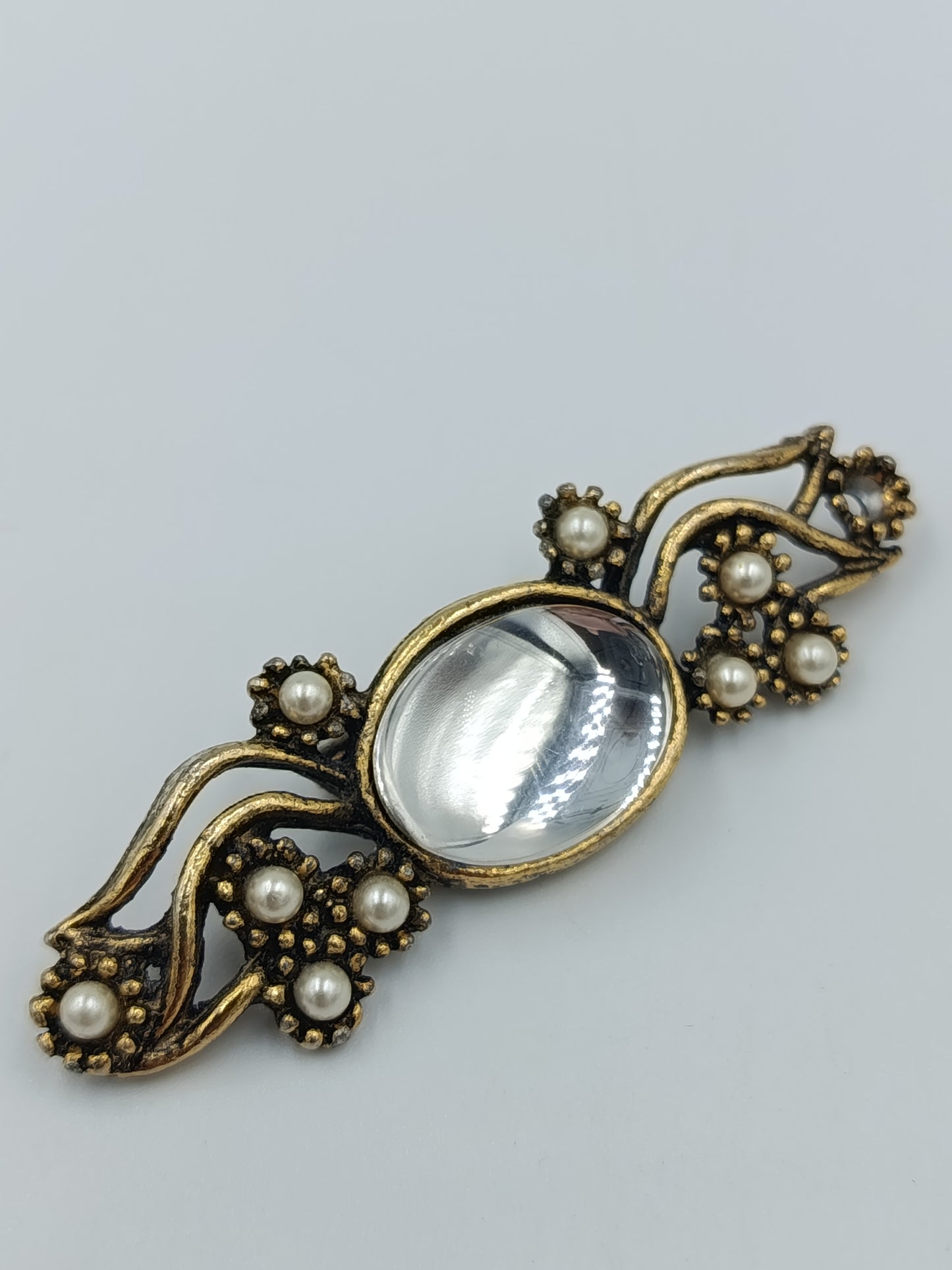 Vintage Brosche Goldfarben mit Glasstein Perlen Antik Stil