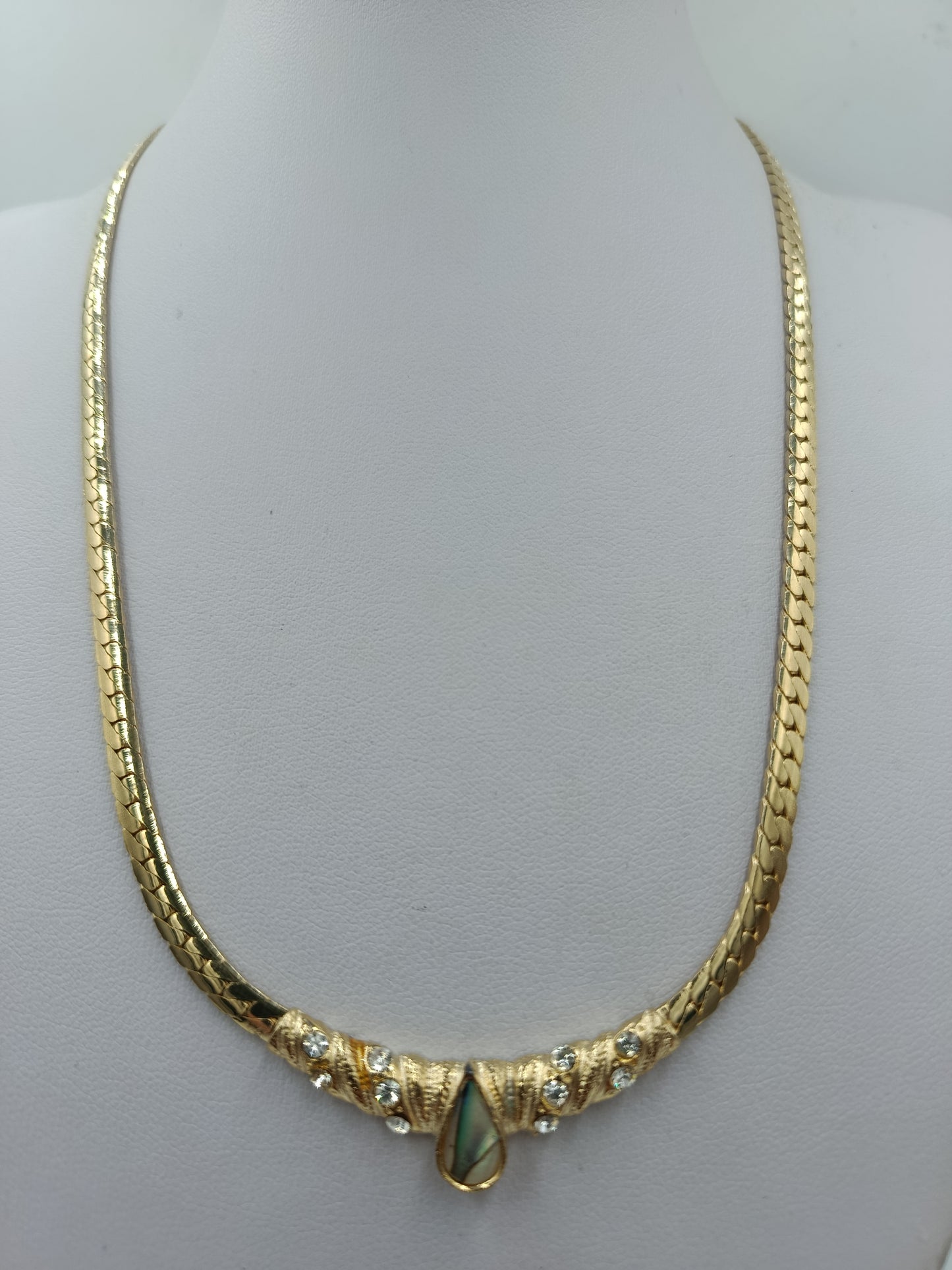 Goldfarbene Halskette mit Strass grünem Stein Vintage Statement Collier