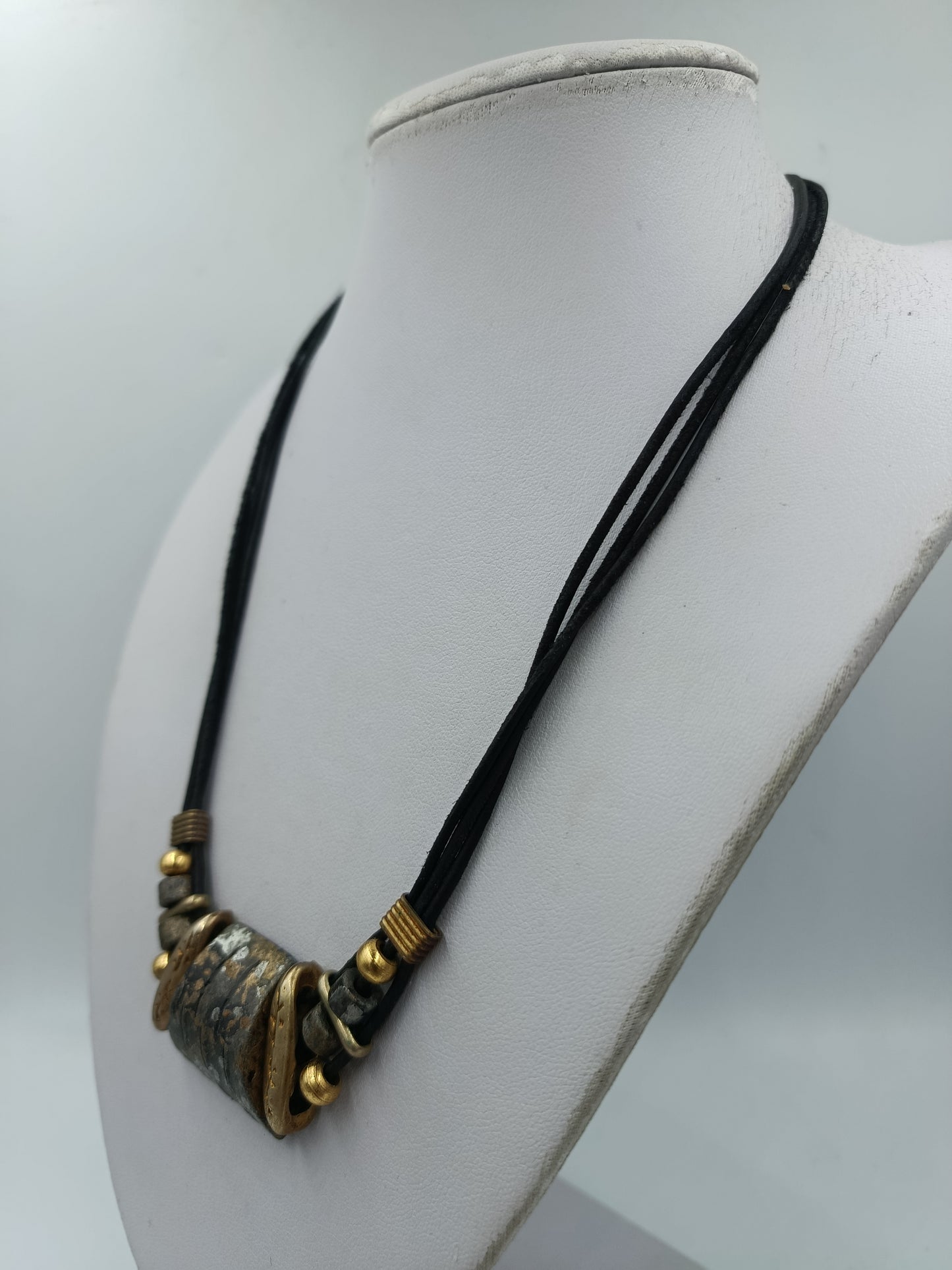 Boho Statement Kette Lederband Naturstein Metall Ethno Stil