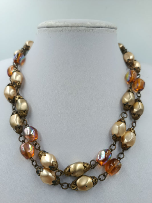 Auffällige Vintage Perlenkette gold  irisierend Statement Kette