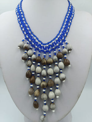 Statement Kette Blau Weiß – Ethno / Boho Stil mit Perlen Fransen