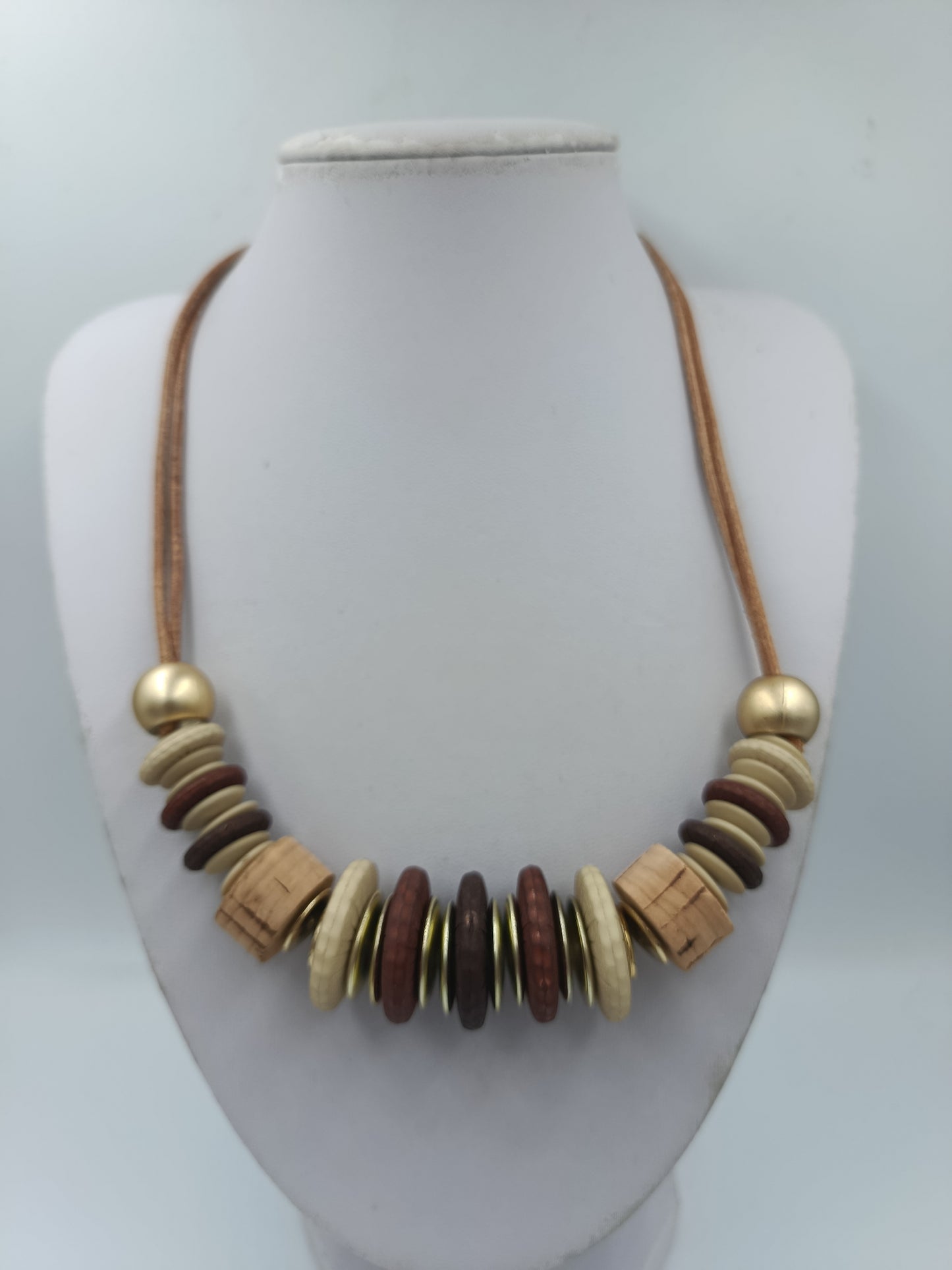 Auffällige Statement Kette im natürlichen Look Scheibenperlen, Vintage