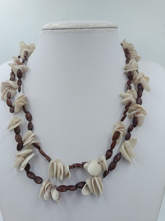 Doppelte Naturkette Muscheloptik – Braun  Creme, Vintage