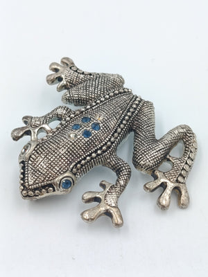 Vintage Frosch Brosche – Silberfarben mit blauen Strasssteinen