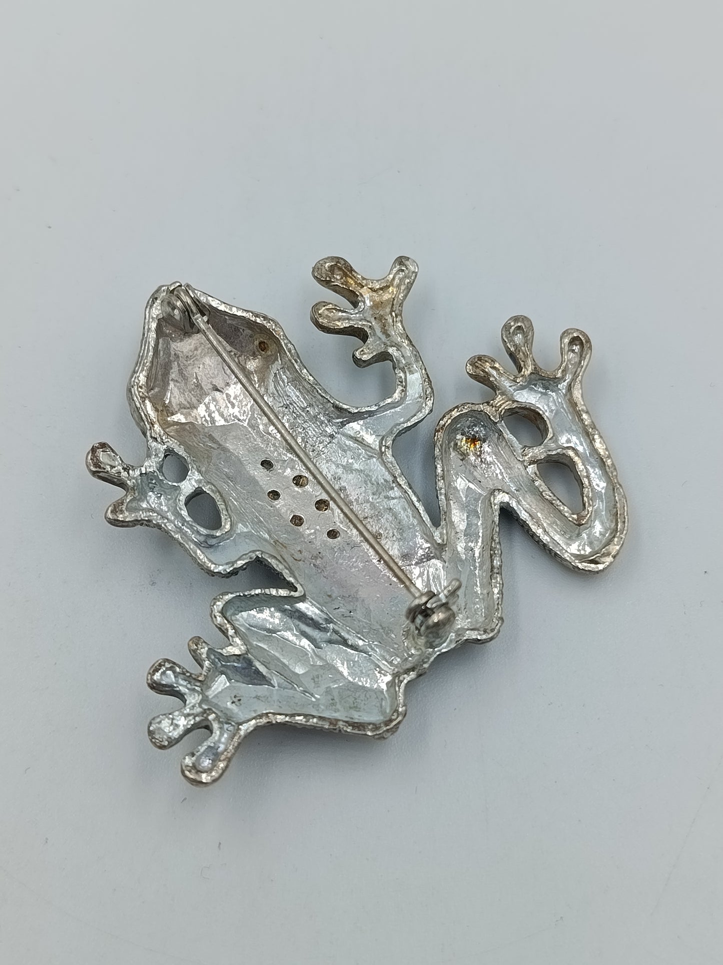 Vintage Frosch Brosche – Silberfarben mit blauen Strasssteinen