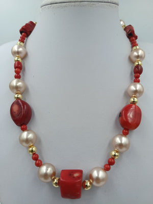 Vintage Korallenkette mit Perlen 925 Silber – Statement Halskette Rot