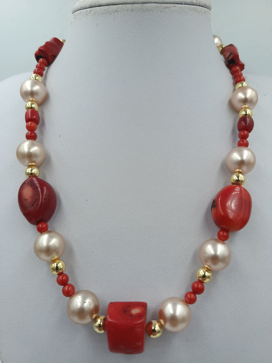 Vintage Korallenkette mit Perlen 925 Silber – Statement Halskette Rot