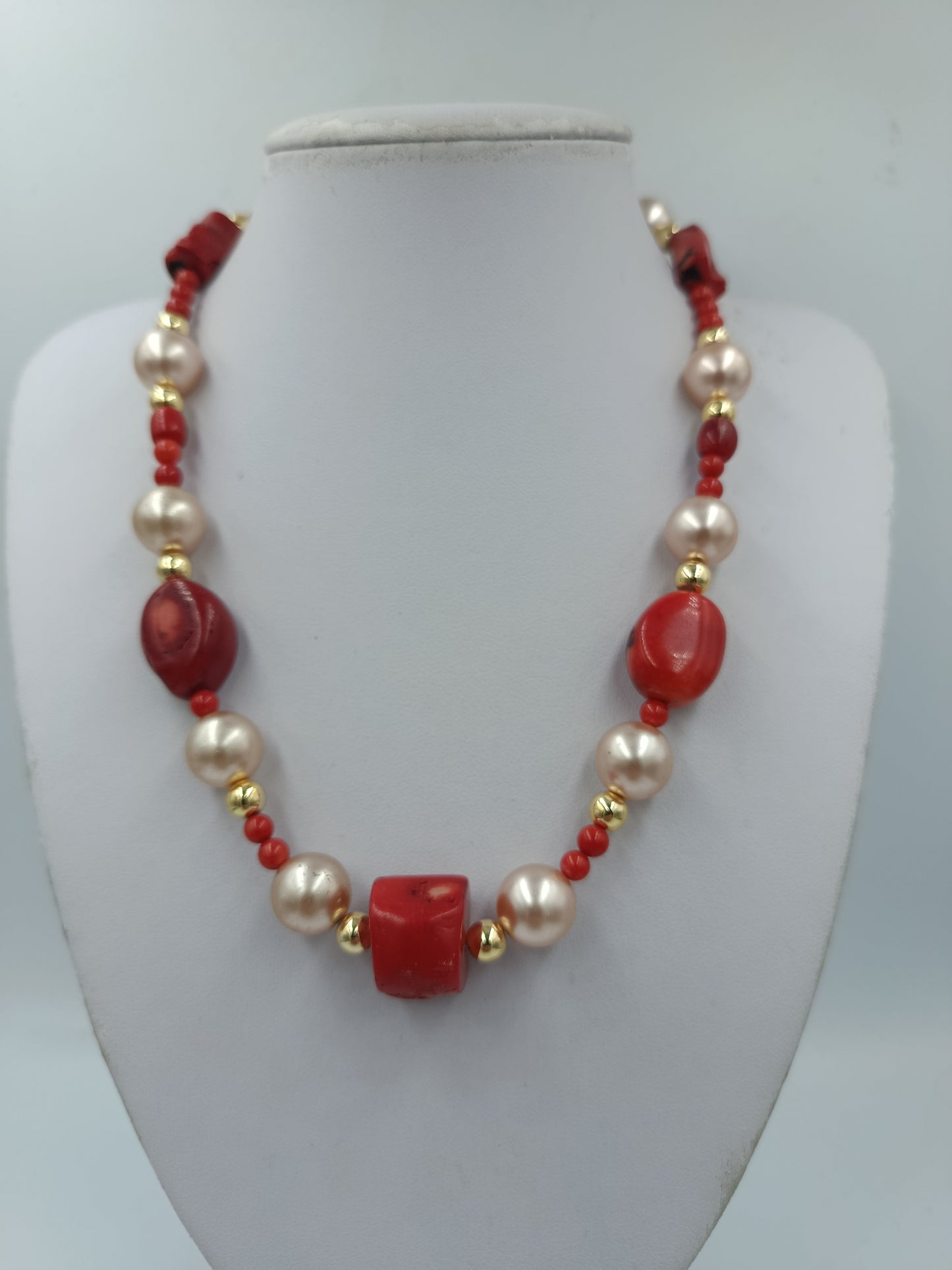 Vintage Korallenkette mit Perlen 925 Silber – Statement Halskette Rot