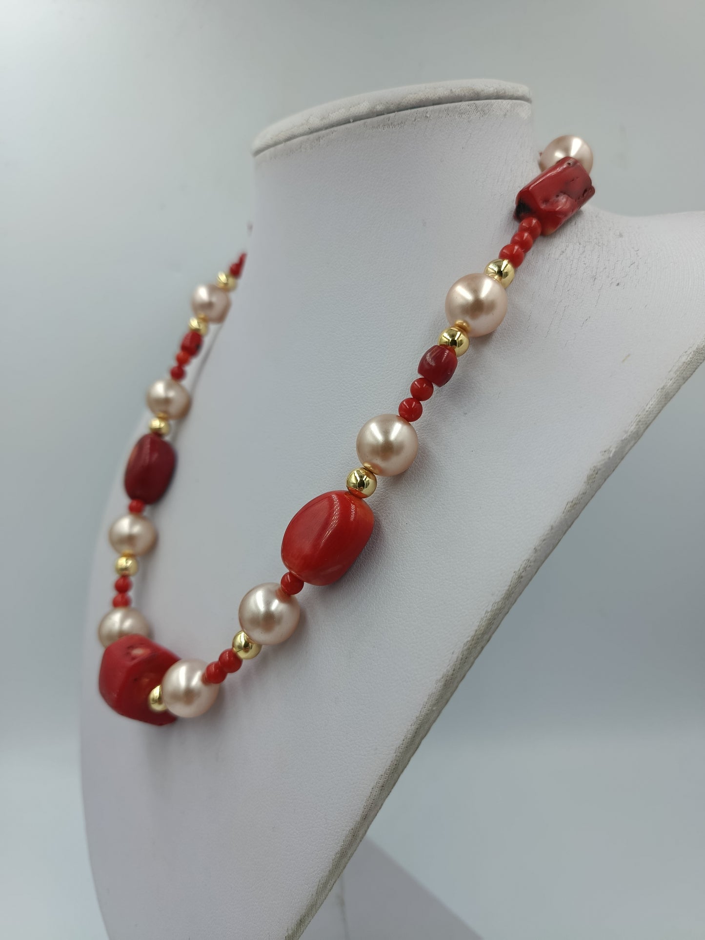 Vintage Korallenkette mit Perlen 925 Silber – Statement Halskette Rot