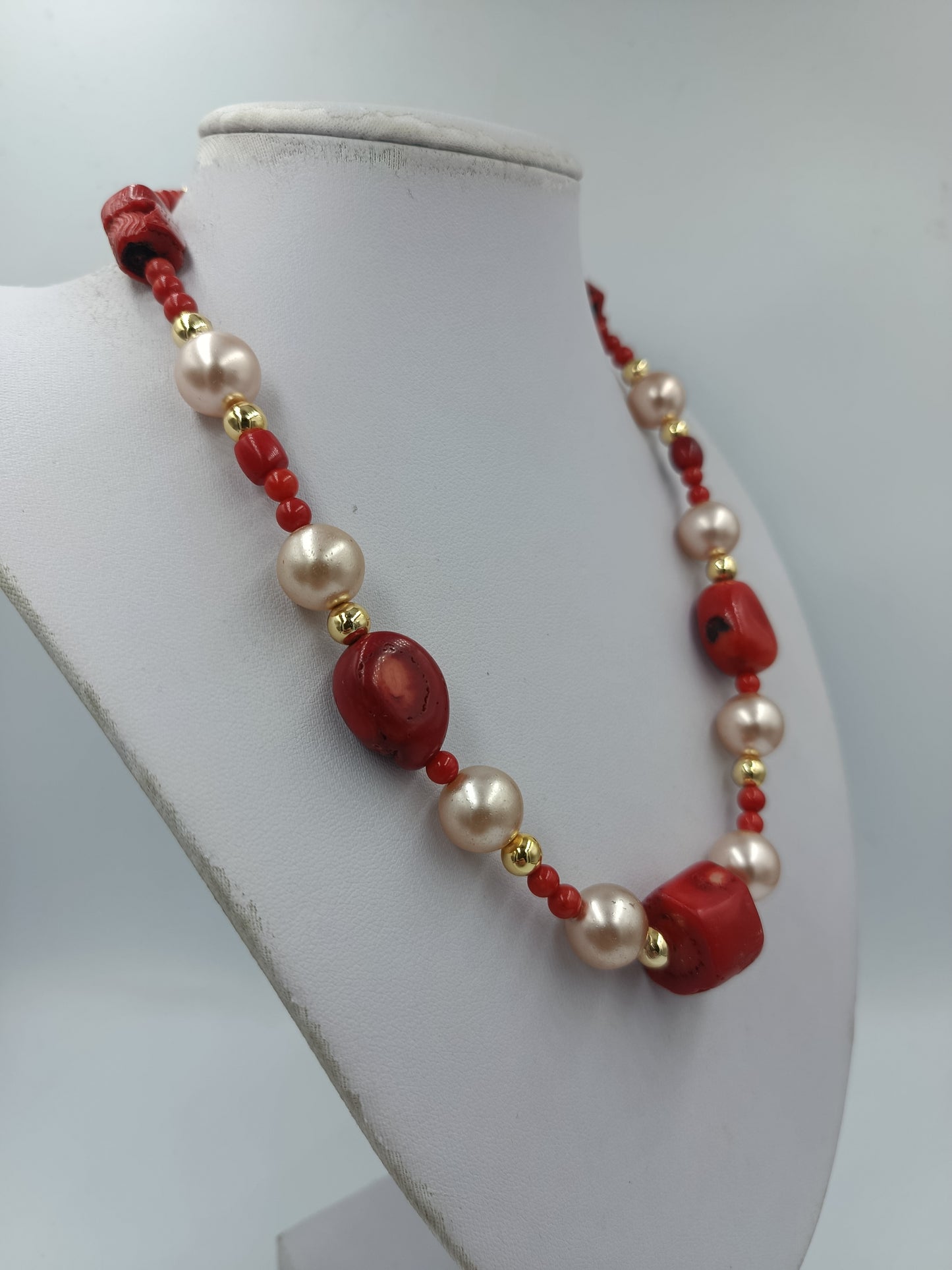 Vintage Korallenkette mit Perlen 925 Silber – Statement Halskette Rot