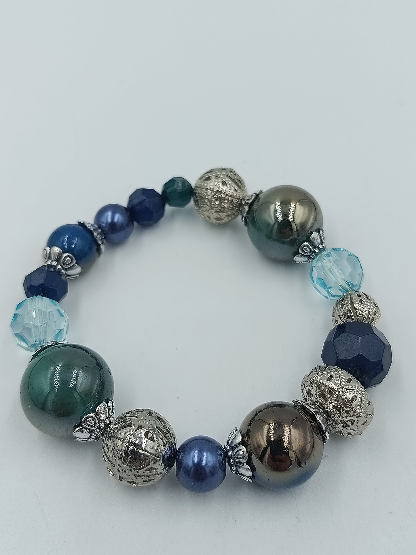 Vintage Statement Armband Blau  Silber – Elastisches Perlenarmband