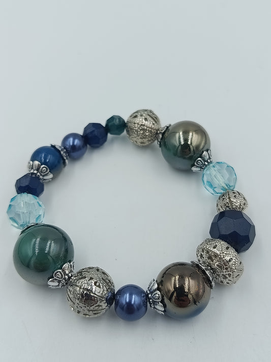 Vintage Statement Armband Blau  Silber – Elastisches Perlenarmband