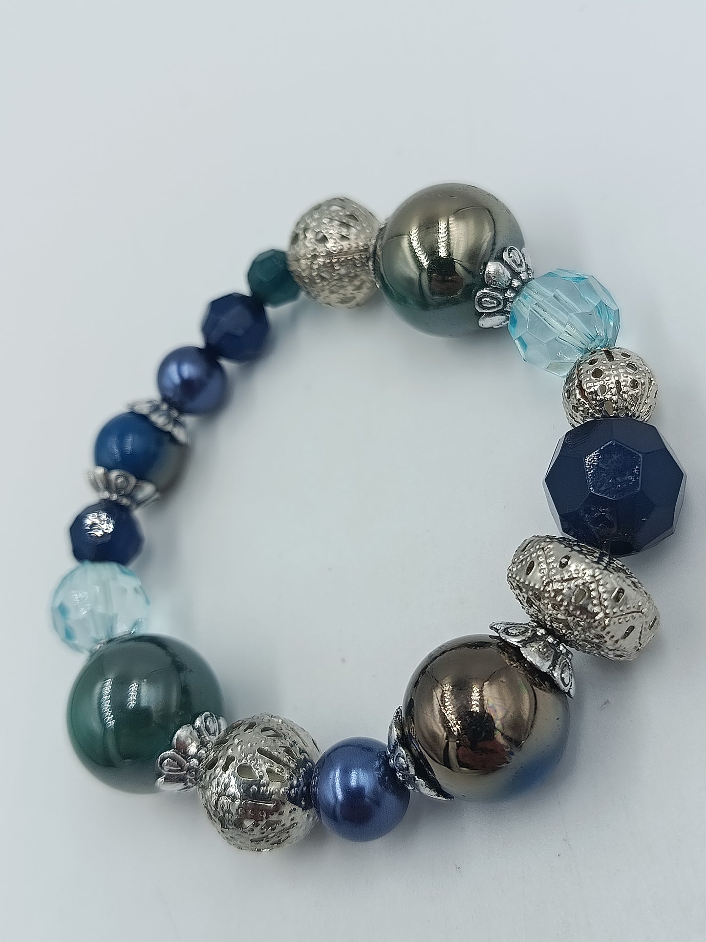 Vintage Statement Armband Blau  Silber – Elastisches Perlenarmband