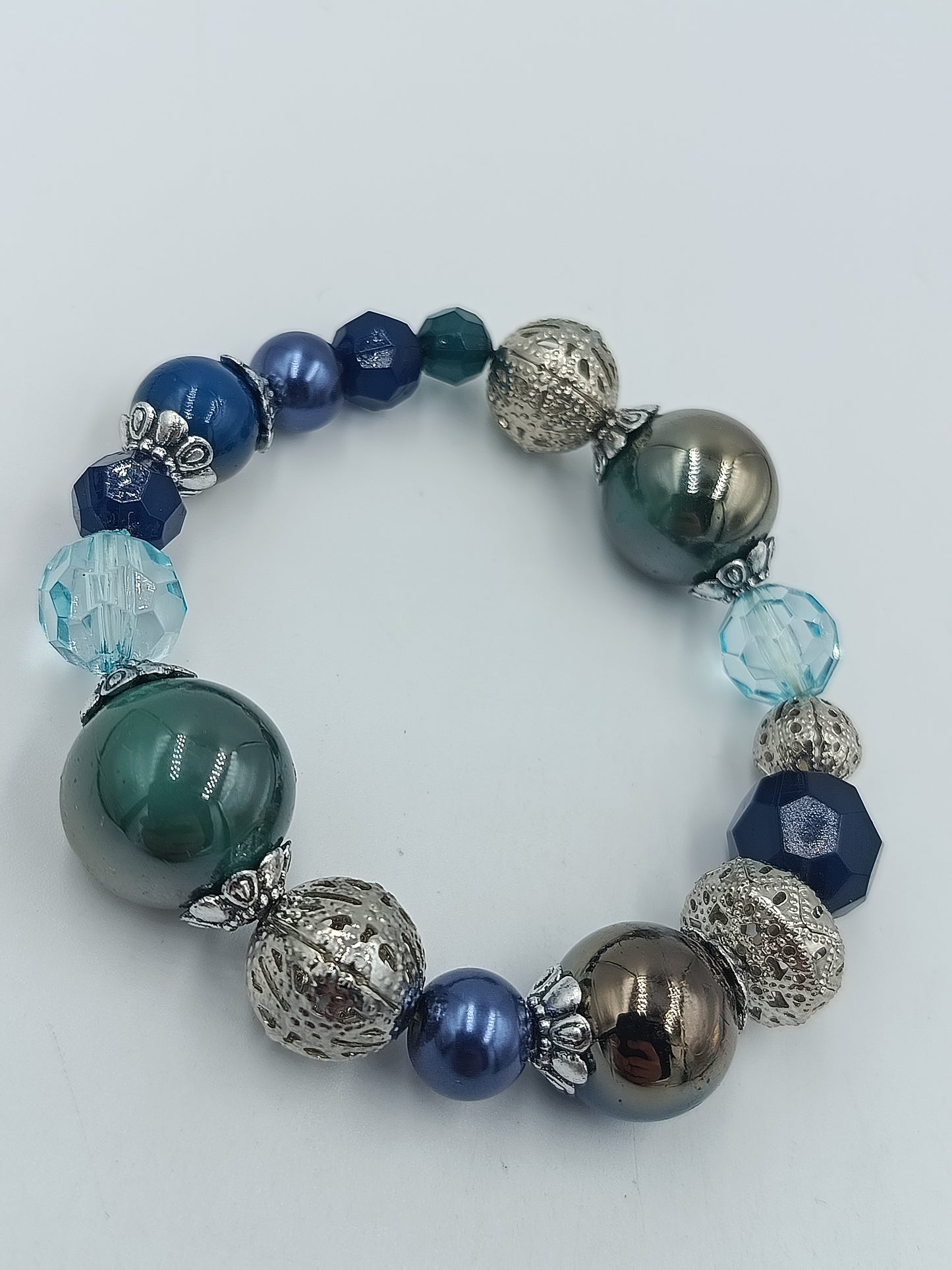 Vintage Statement Armband Blau  Silber – Elastisches Perlenarmband