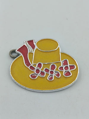 Vintage Brosche Hut mit Blumen – Emaille Anstecknadel Gelb Rot Retro