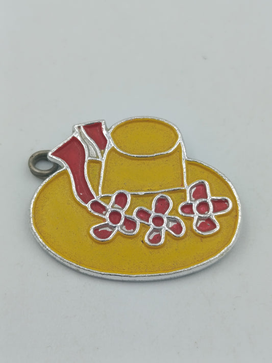 Vintage Brosche Hut mit Blumen – Emaille Anstecknadel Gelb Rot Retro