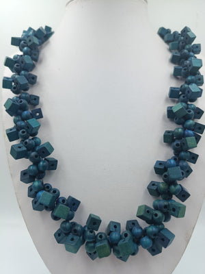 Statement Kette Blau-Grün – Holzperlen Würfel  Rund – Boho Design