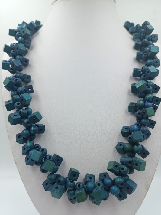 Statement Kette Blau-Grün – Holzperlen Würfel  Rund – Boho Design