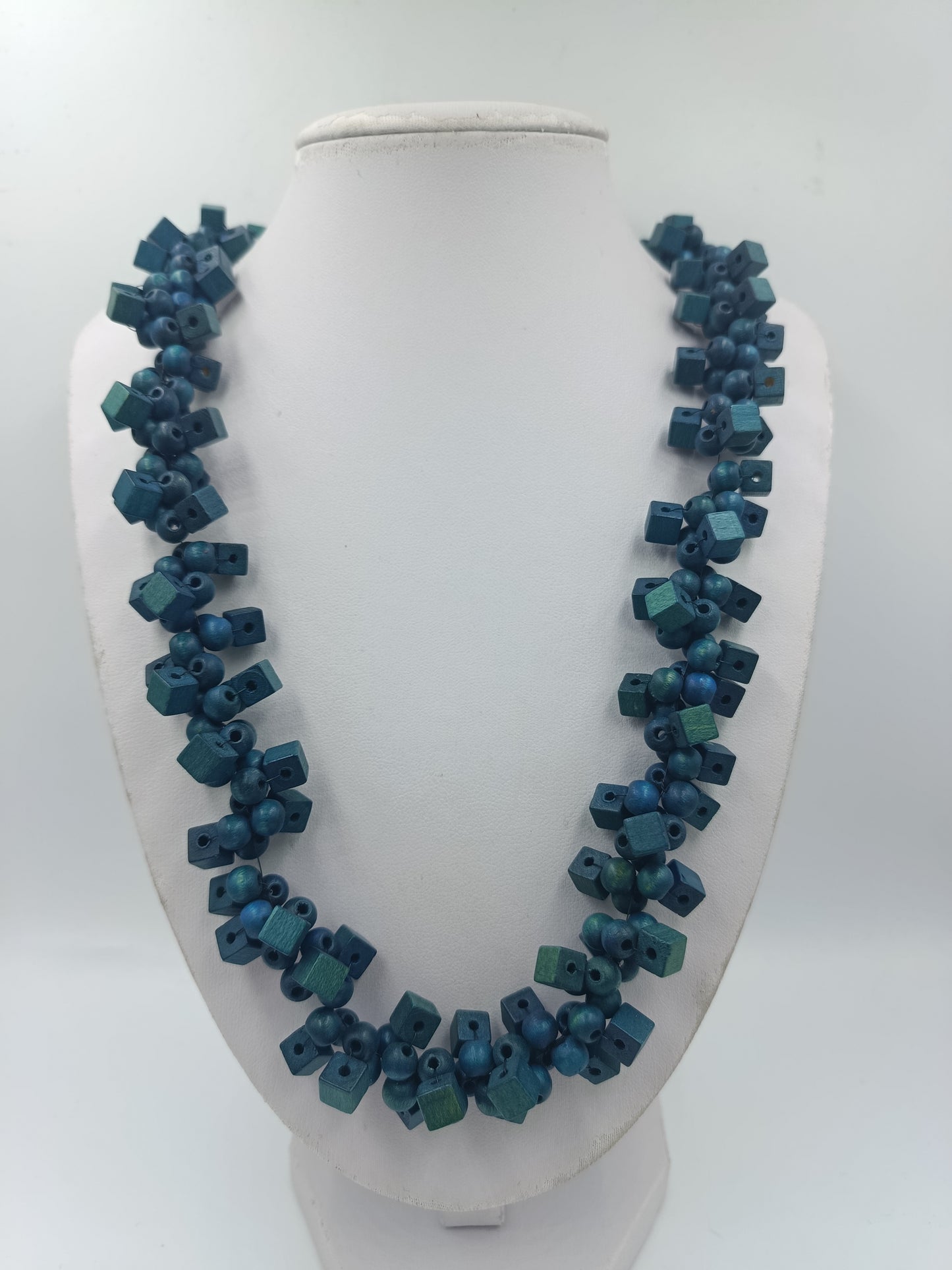 Statement Kette Blau-Grün – Holzperlen Würfel  Rund – Boho Design